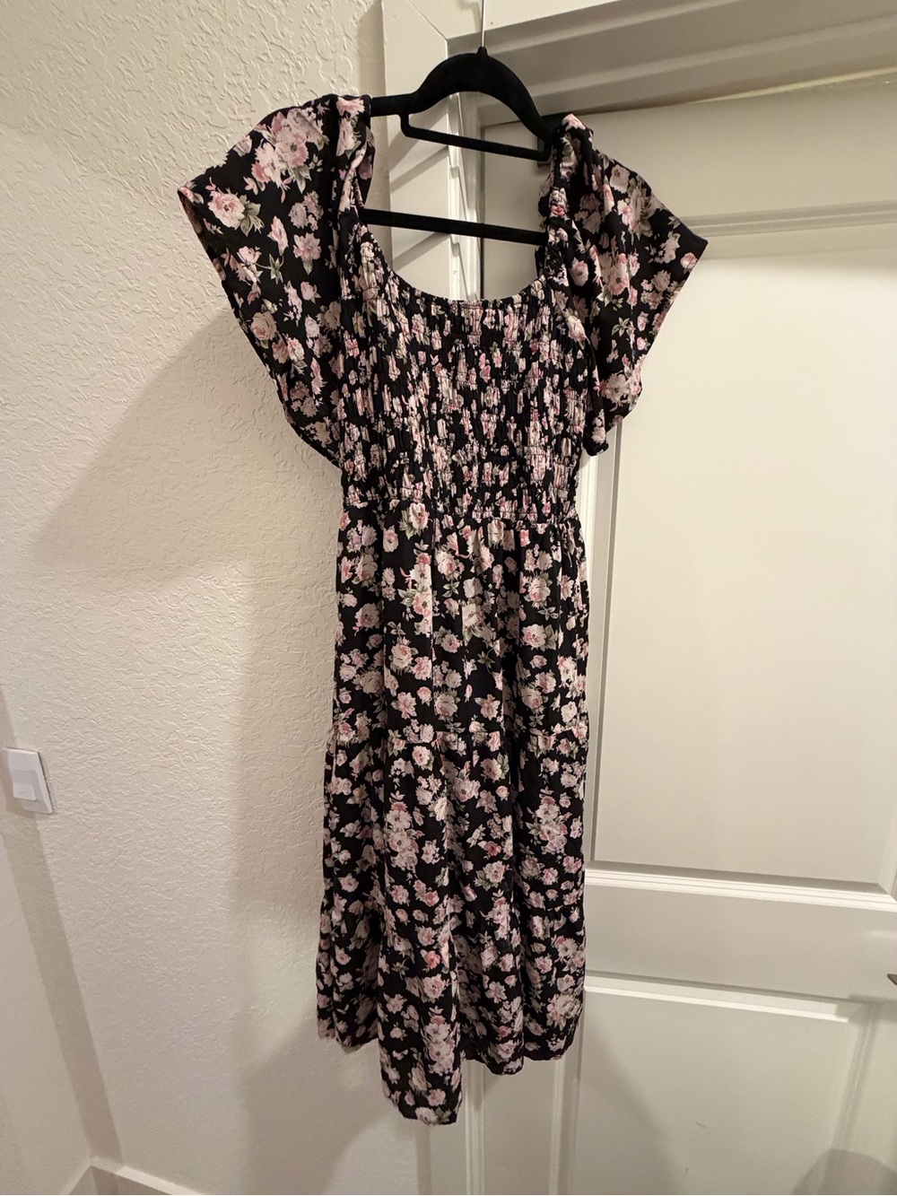 Vanilla Bay Black Floral Smocked Midi Dress with Pink Blossoms